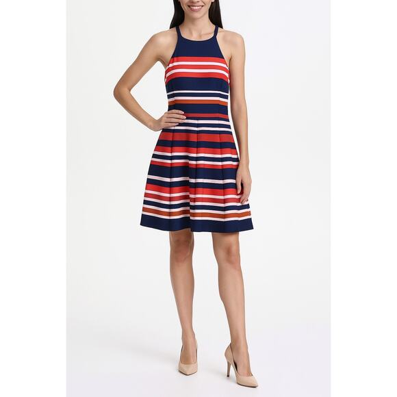 Vince Camuto Navy Red Striped Fit & Flare Halter Dress | Size 2 - Picture 1 of 5